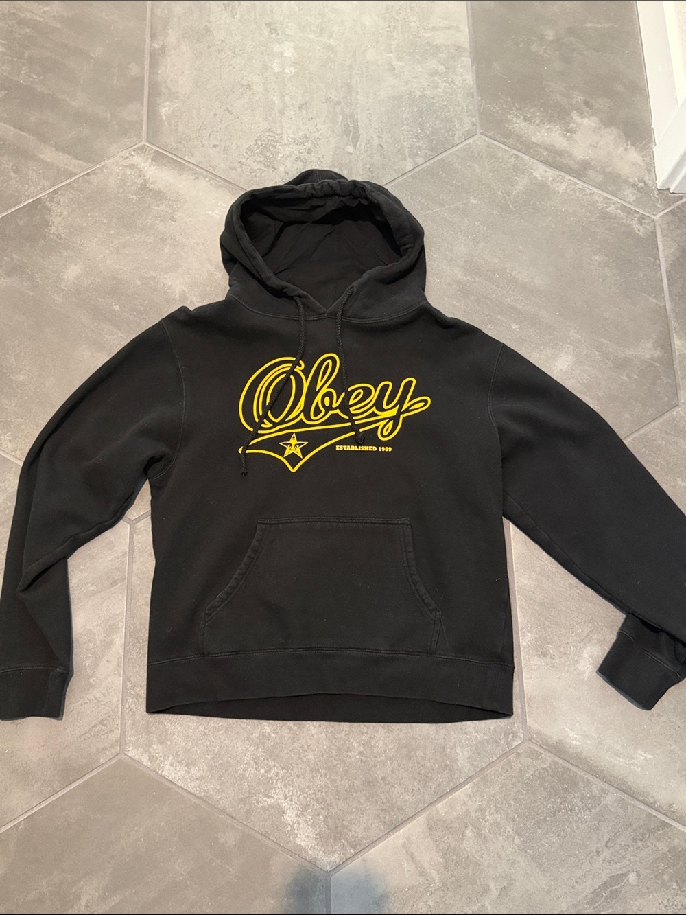 Obey Black Hoodie with Yellow Script Logo